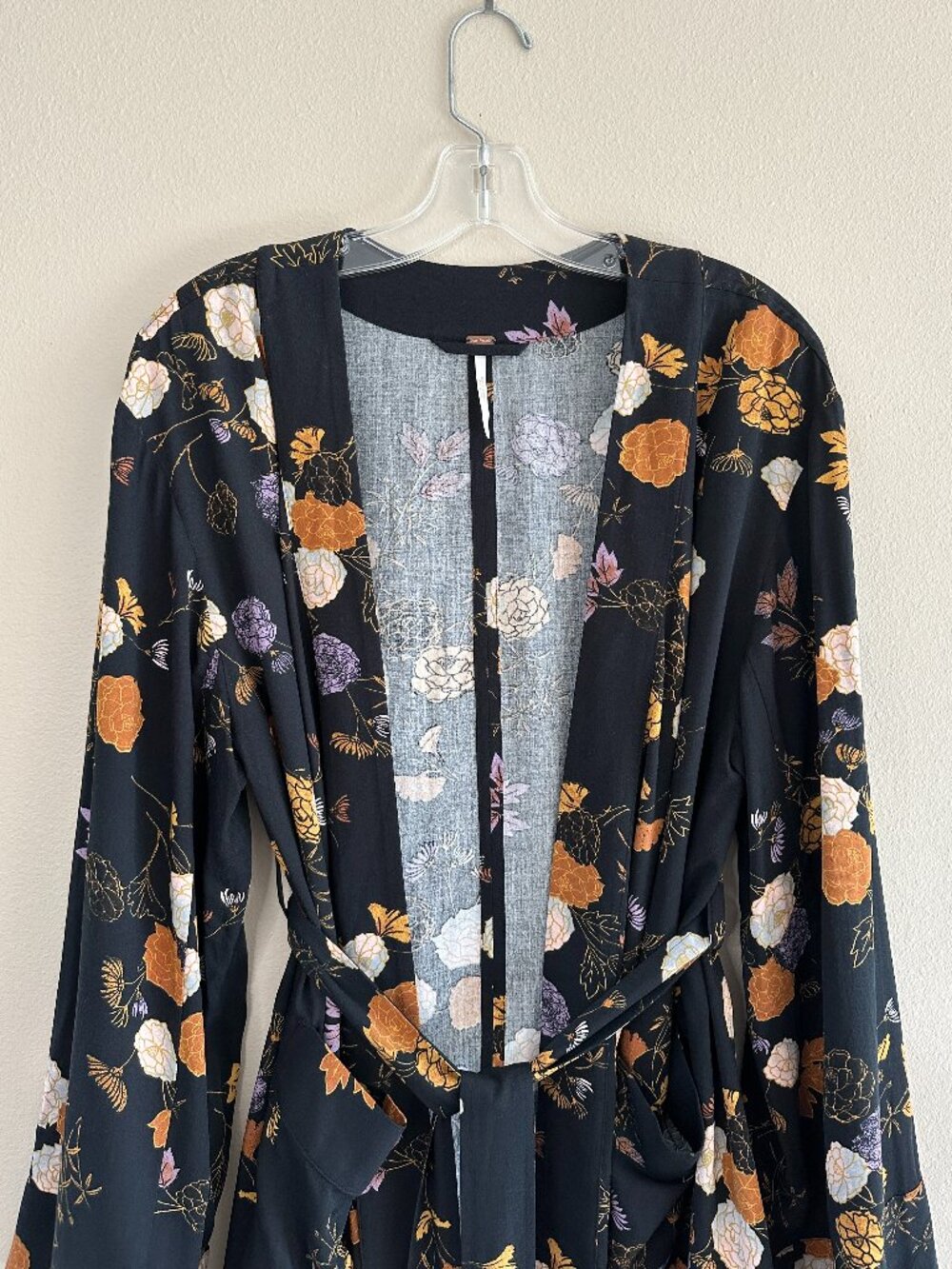 Free People Peony Wrap Kimono Jacket, Black Floral, S - Picture 3 of 10